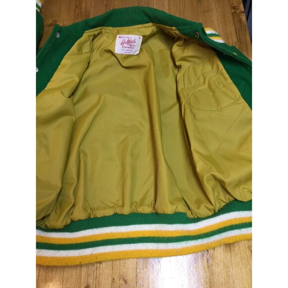 Vintage Hutchers Mens Letterman Jacket Sz M Green Yellow Wool Blend Band C Patch - Picture 10 of 13